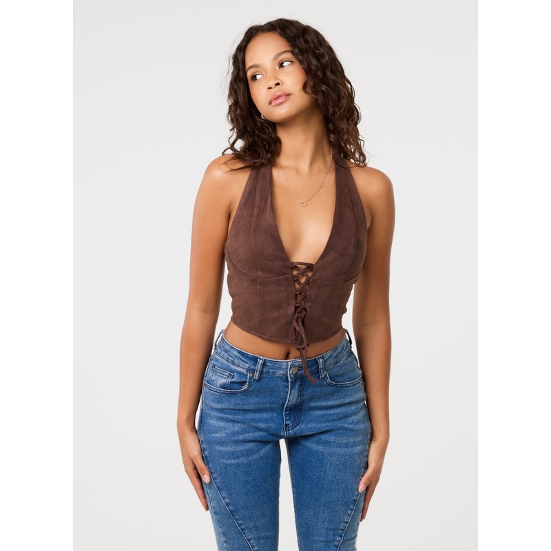 Suedette Lace Halterneck Top-S & M & L-CHOCOLATE