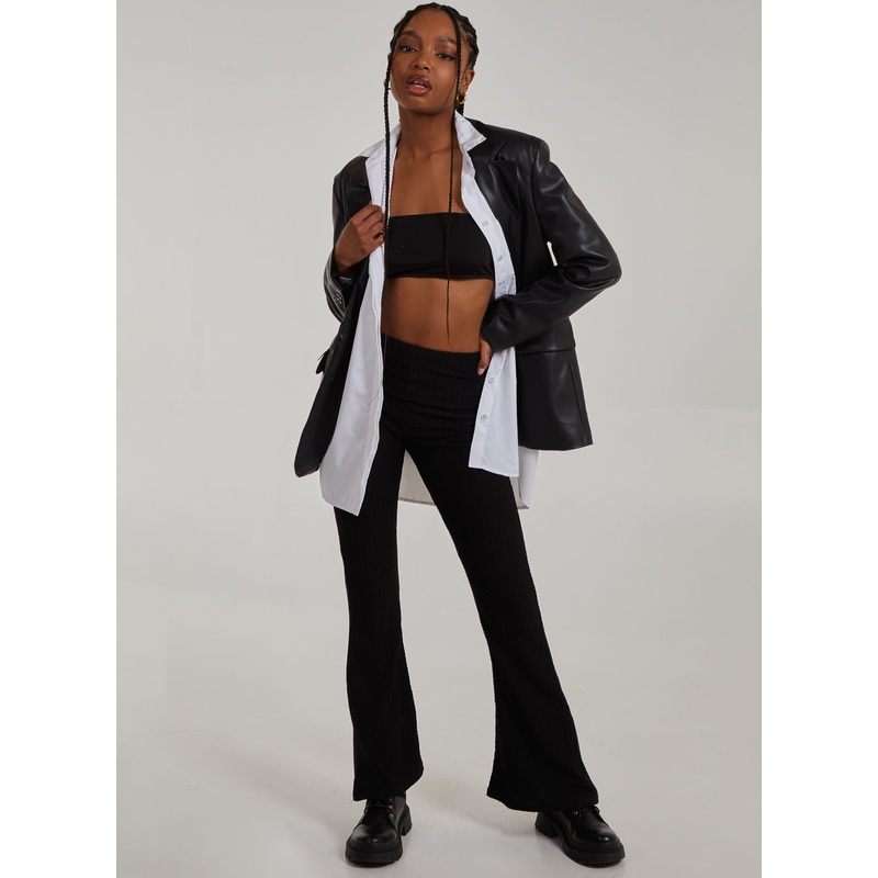 Waffle Flared Trousers-S & M & L-Black