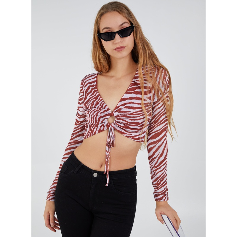 Zebra Print Plunge Neck Mesh Top