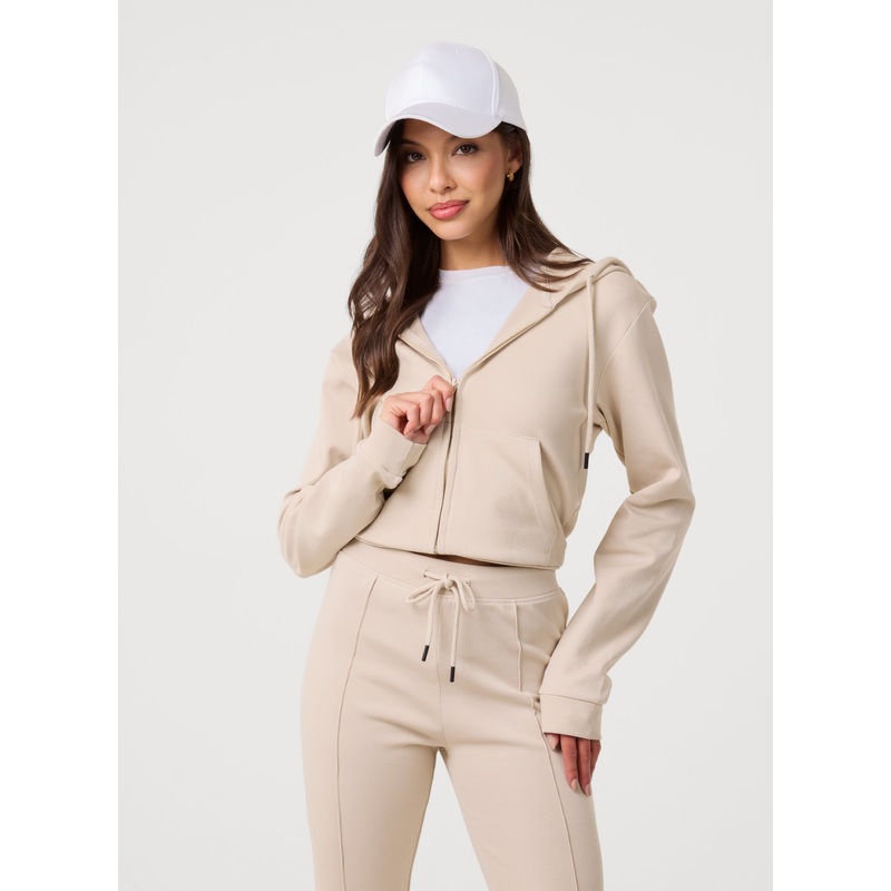 Zip Up Cropped Hoodie-S & M & L-STONE