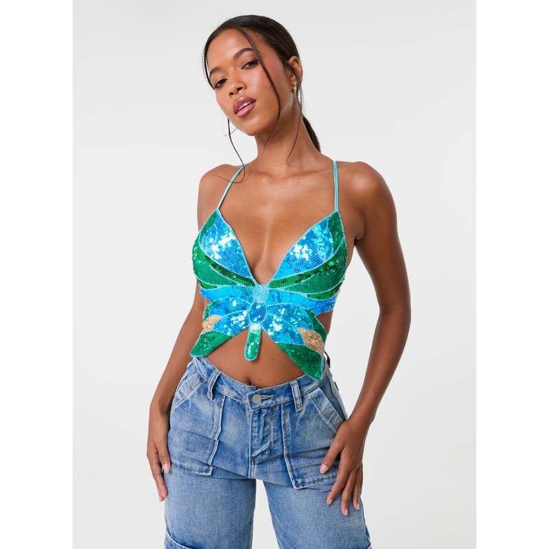 Butterfly Sequin Top-ONE-BLUE