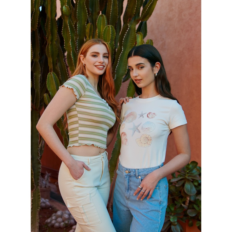 Cap Sleeve Stripe Lace Trim Top