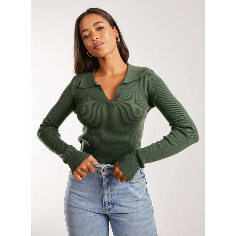 Collared Knitted Jumper-S & M & L-Khaki