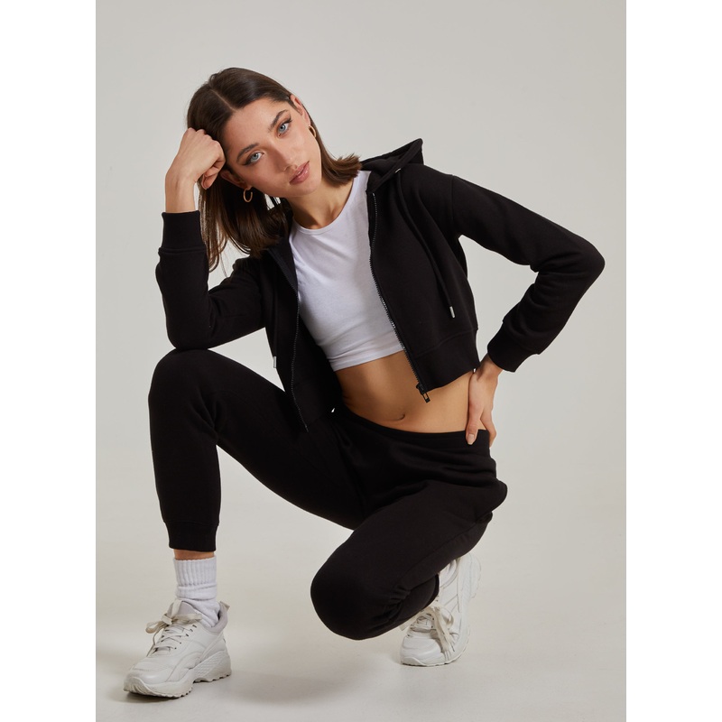 Cropped Zip Through Hoodie-S & M & L-Black