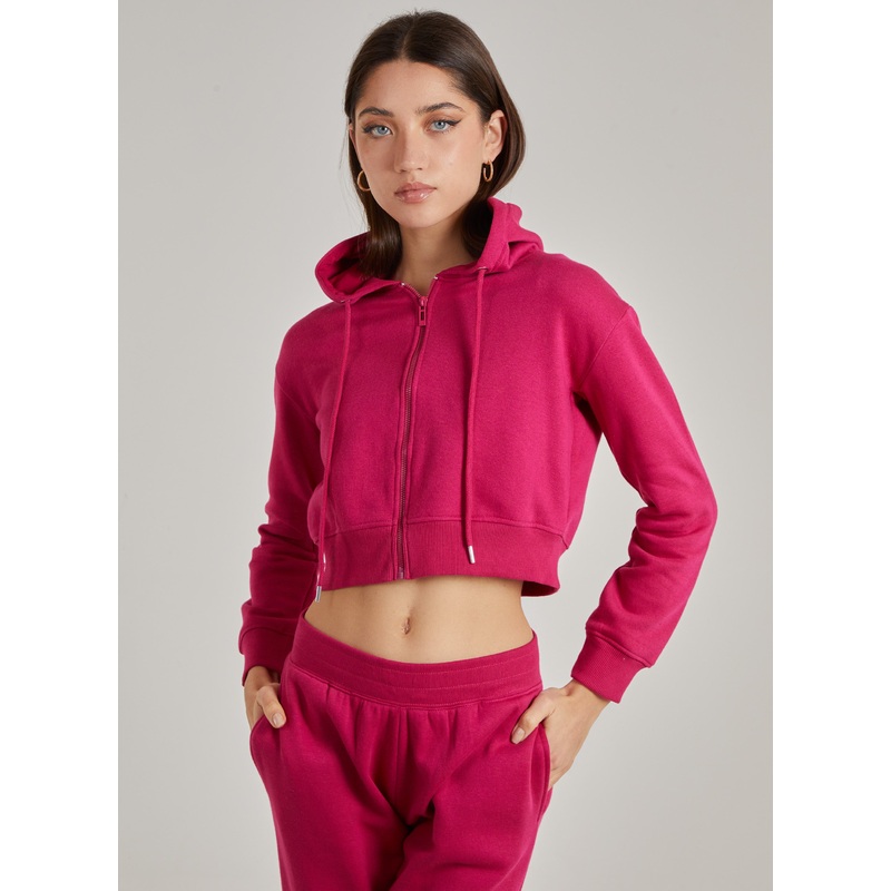 Cropped Zip Through Hoodie-S & M & L-HOT PINK