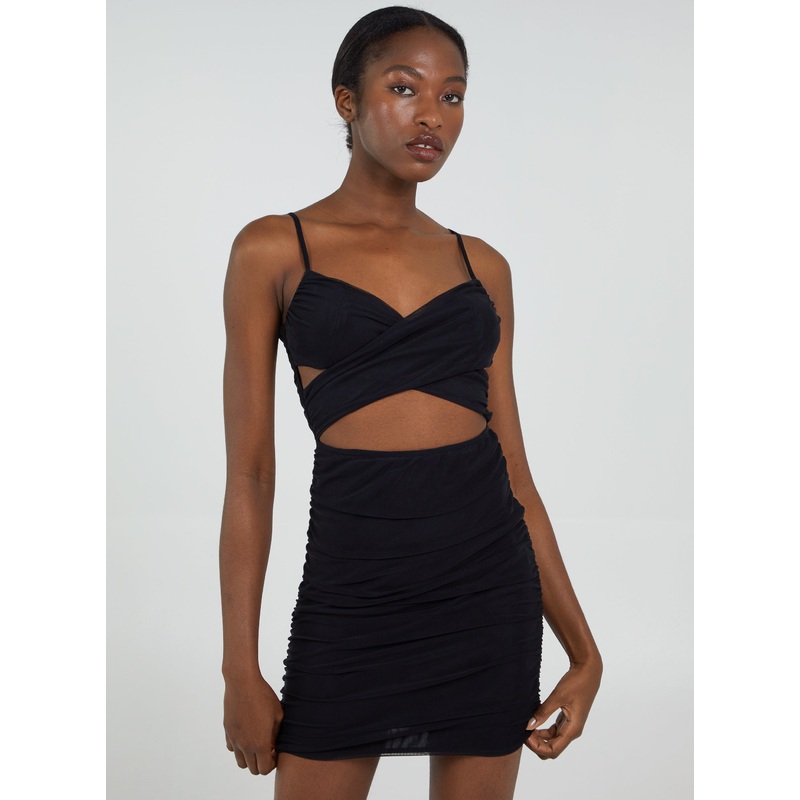 Cross Over Cami Bodycon Dress-6 & 8 & 10 & 12 & 14-Black
