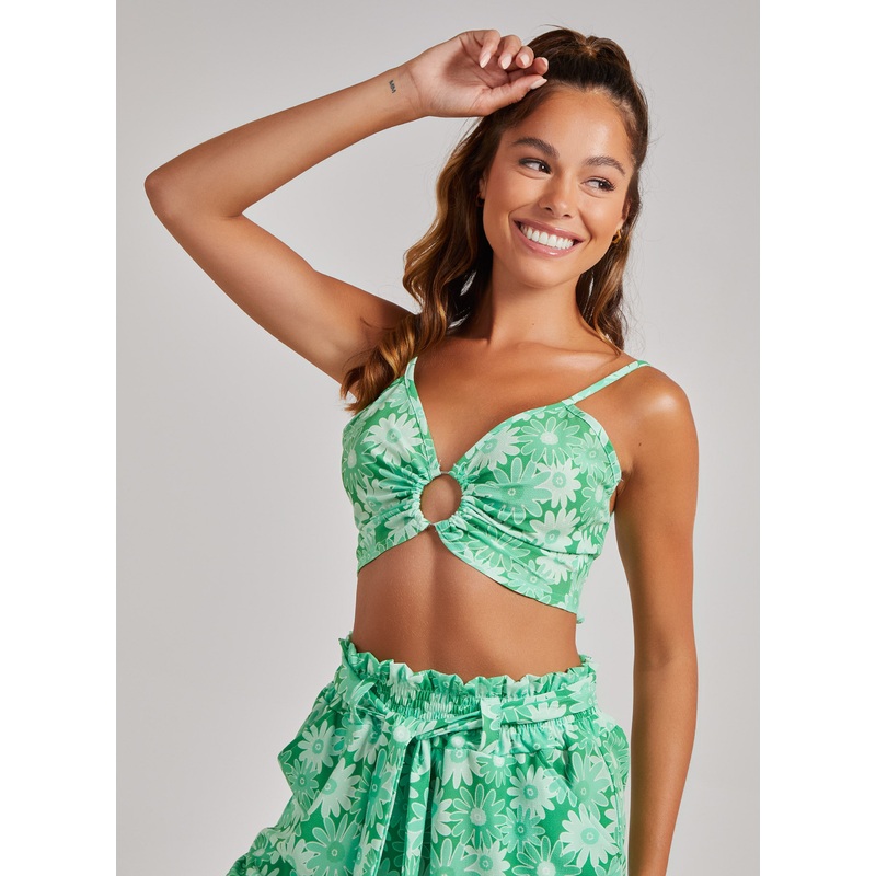 Daisy Print Tie Back Crop Top-6 & 8 & 10 & 12 & 14-Green