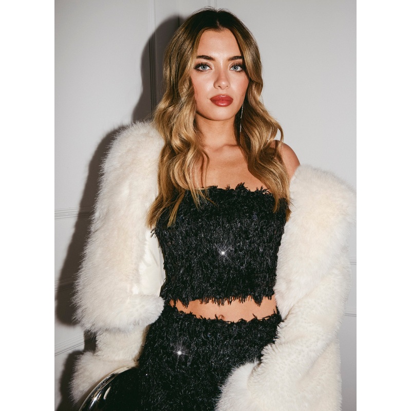 Feather Sequin Bandeau Top-S & M & L-BLACK