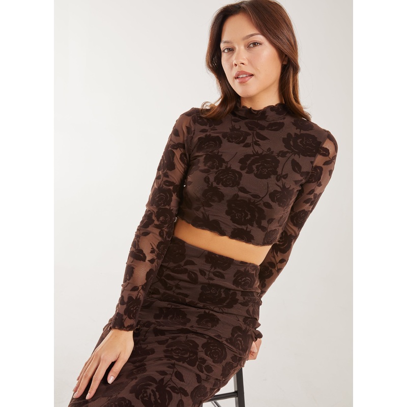 Flock Floral Long Sleeve Top-S & M & L-CHOCOLATE