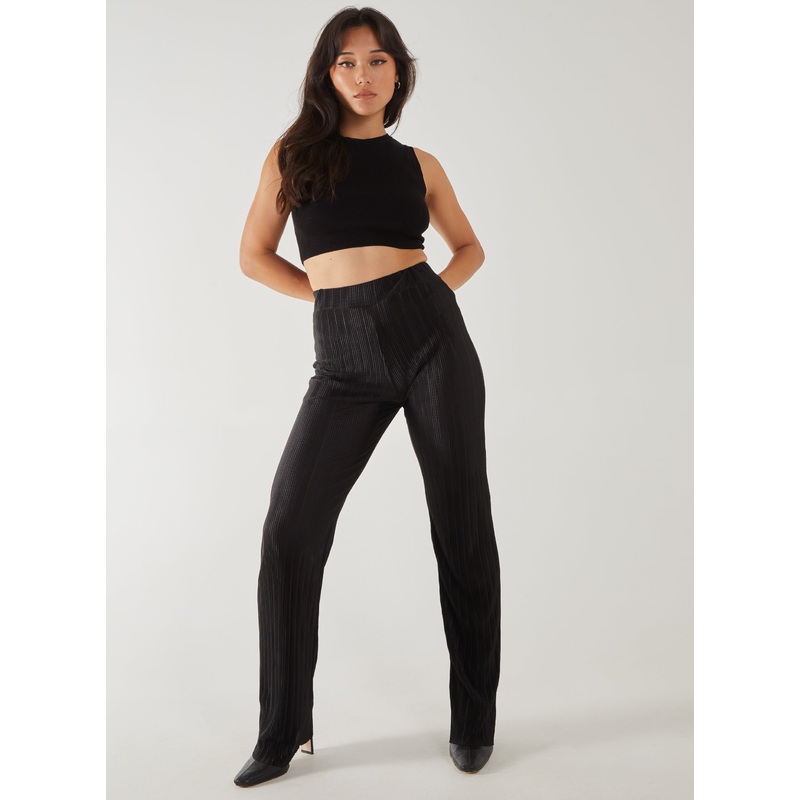 Plisse Flared Trousers-S & M & L-Black
