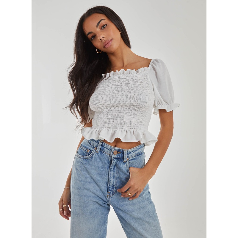 Puff Sleeve Square Neck Shirred Top