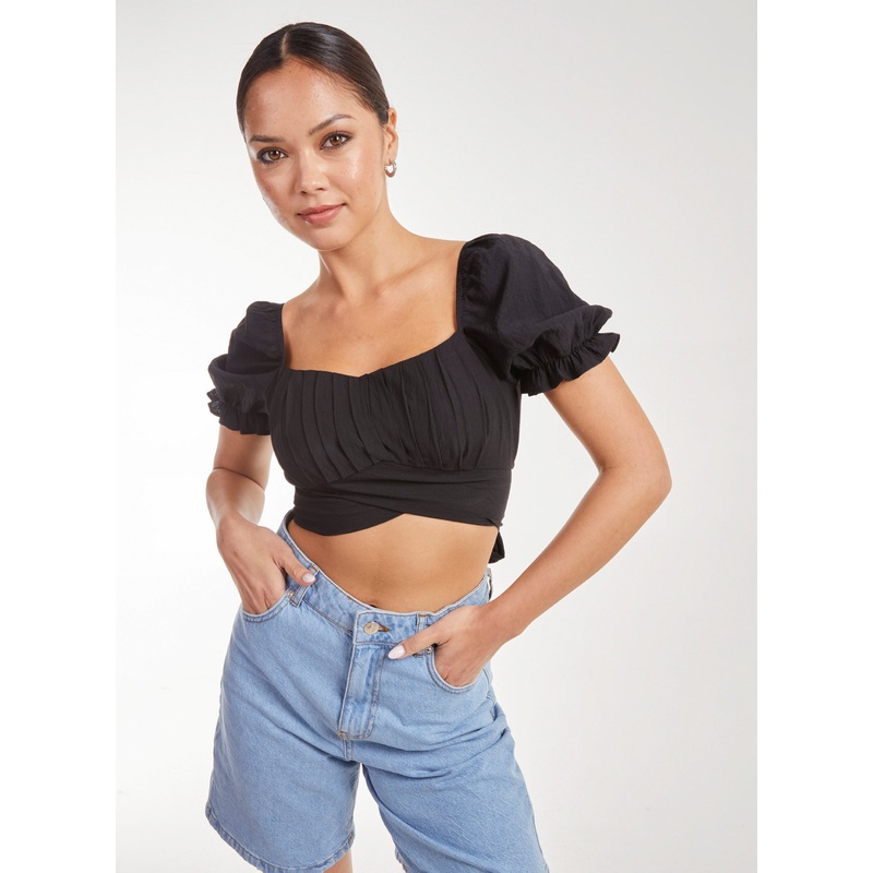 Puff Sleeve Tie Back Top-S & M & L-BLACK