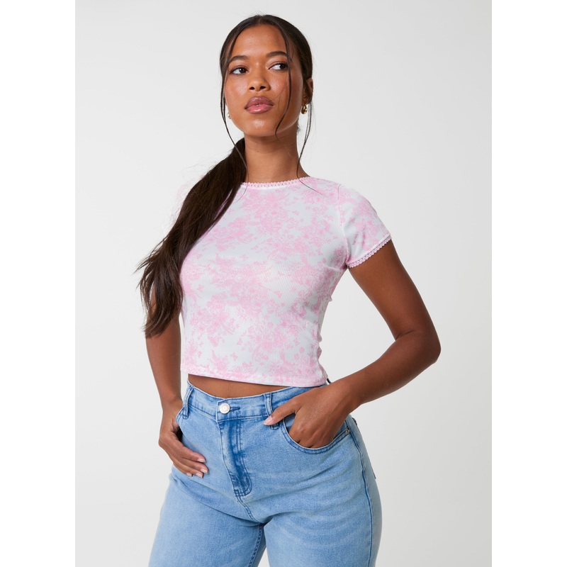 Ribbed Crop Top In Floral Print