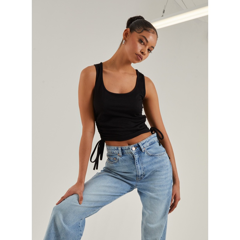 Ruched Tie Up Side Crop Top-S & M & L-Black