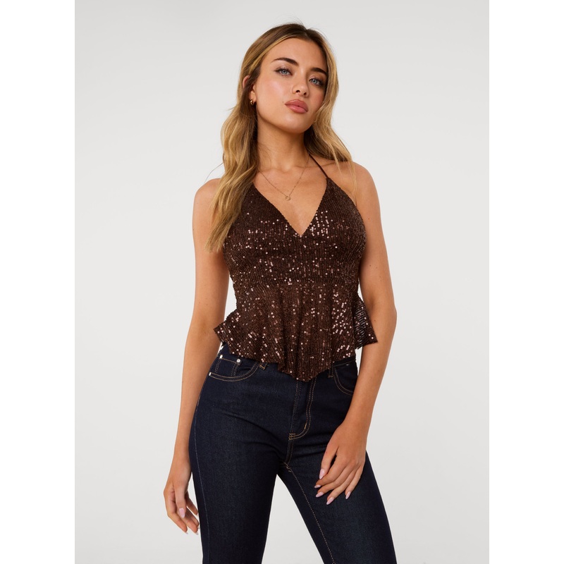 Sequin Halter Neck Top-S/M & M/L-CHOCOLATE