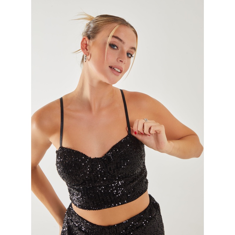 Sequin Strappy Bustier Top-S & M & L-Black