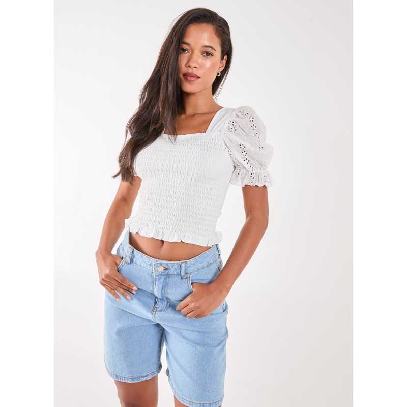 Shirred Puff Sleeve Broderie Top