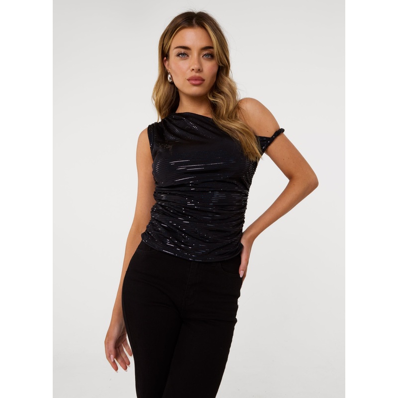 Twist Shoulder Disco Top-S & M & L-BLACK
