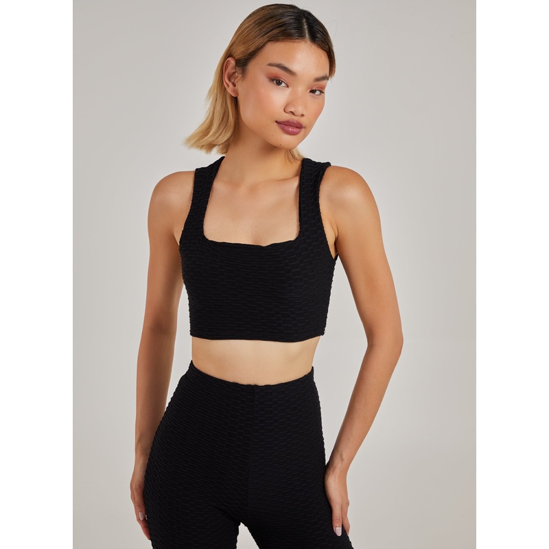 Waffle texture Crop Top-6 & 8 & 10 & 12 & 14-Black