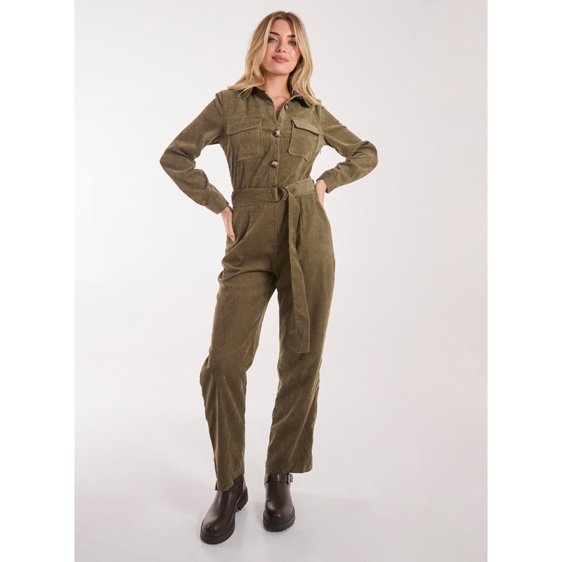Corduroy Collar Long Sleeve Button Boilersuit