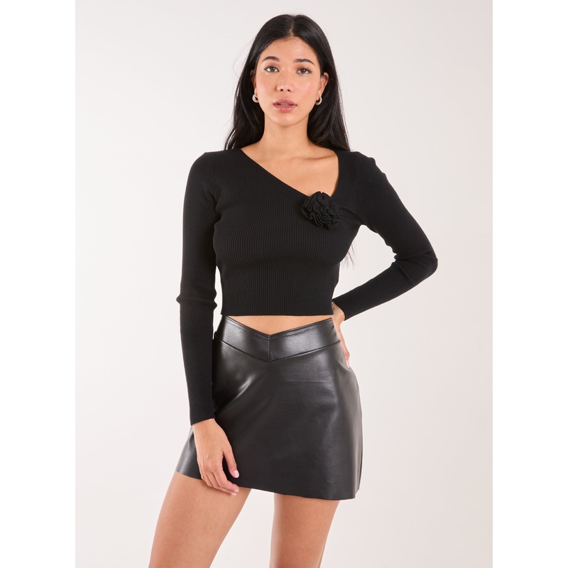 Corsage Knit Long Sleeve Top-S & M & L-BLACK