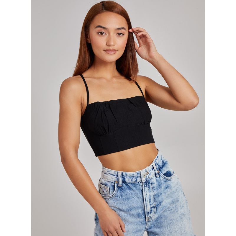 Gathered Bengaline Crop Top-S & M & L-Black