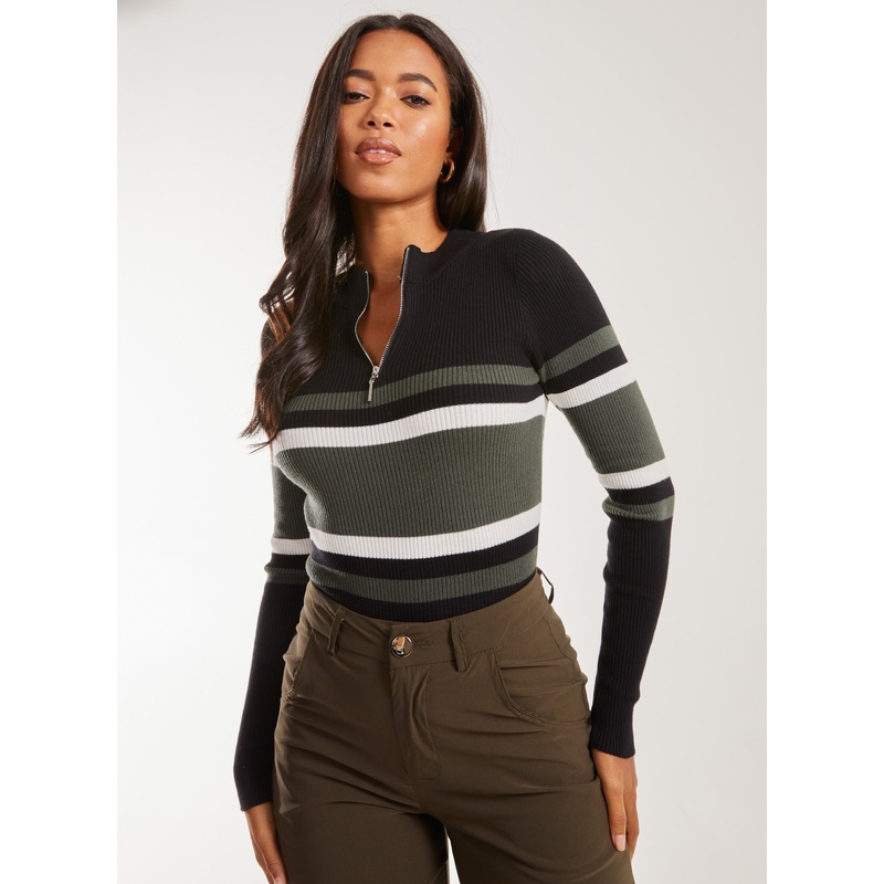 Zip Up Striped Knit Top-S & M & L-Khaki