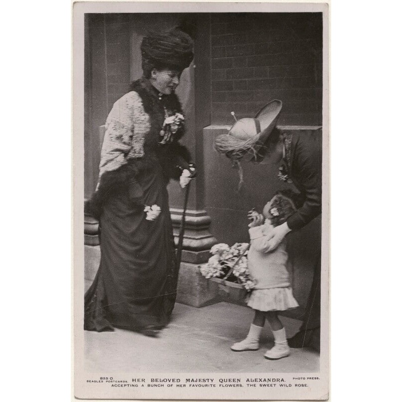 ‘Her Beloved Majesty Queen Alexandra accepting a bunch of her favourite flowers, the sweet wild rose’ (Queen Alexandra) Greetings Card