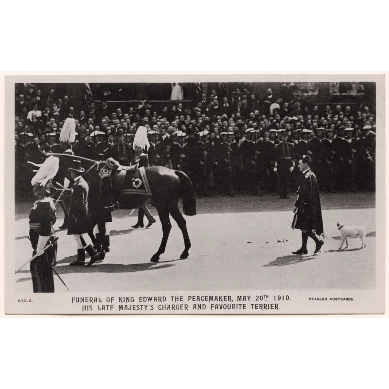 ‘Funeral of King Edward the Peacemaker, May 20th 1910. His Late Majesty’s Charger and Favourite Terrier.’ Greetings Card