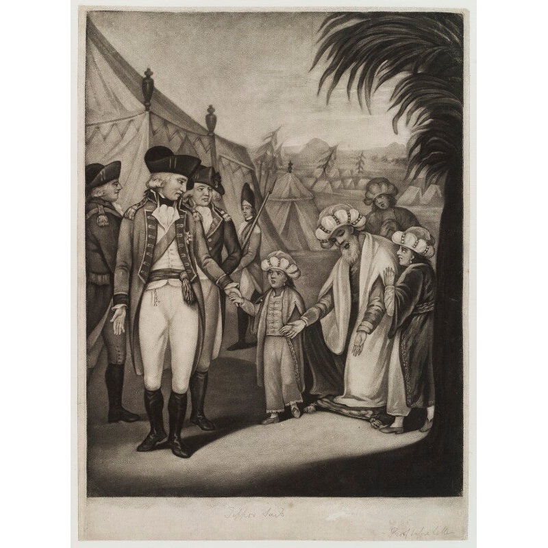 ‘Tippoo Saib’s Two Sons deliver’d up to Lord Cornwallis’ (includes Charles Cornwallis, 1st Marquess Cornwallis; Tipu, Sultan of Mysore; Sultan Mu’izz Ud-Din; Sultan Abdul Khaliq and four other unidentified figures) Portrait Print