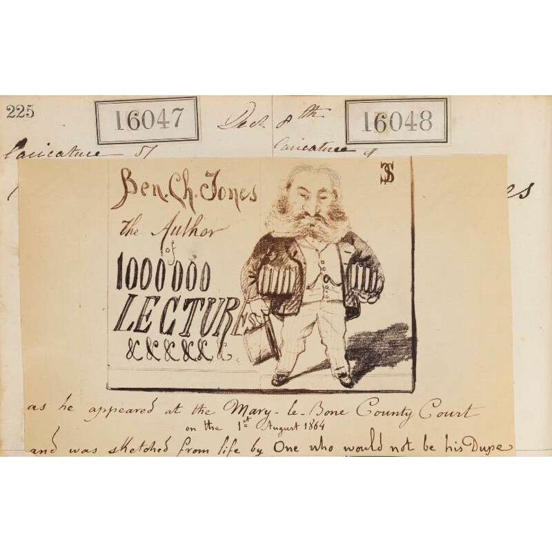 Benjamin Charles Jones (‘Ben Ch Jones The Author of 1000000 Lectures as he appeared at the Mary-Le-Bone County Court on the 1st August 1864 and was sketched from life by One who would not be his Dupe’) Portrait Print